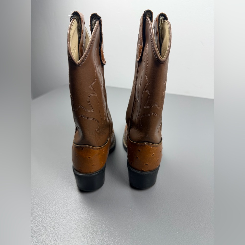 Old West Kids Brown Synthetic Ostrich Leather Cowboy Boots Size 13 Youth Pull On - Picture 4 of 8